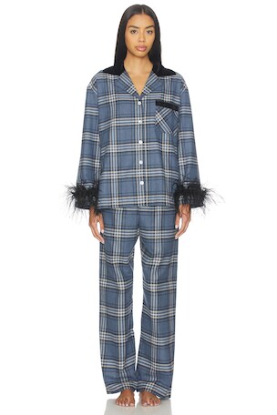 Checked Cotton-flannel Set With Detachable Feathers Sleeper