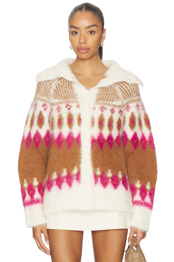 view 1 of 5 Italian Luxe Brushed Fair Isle Reversible Cardigan in Pink Combo