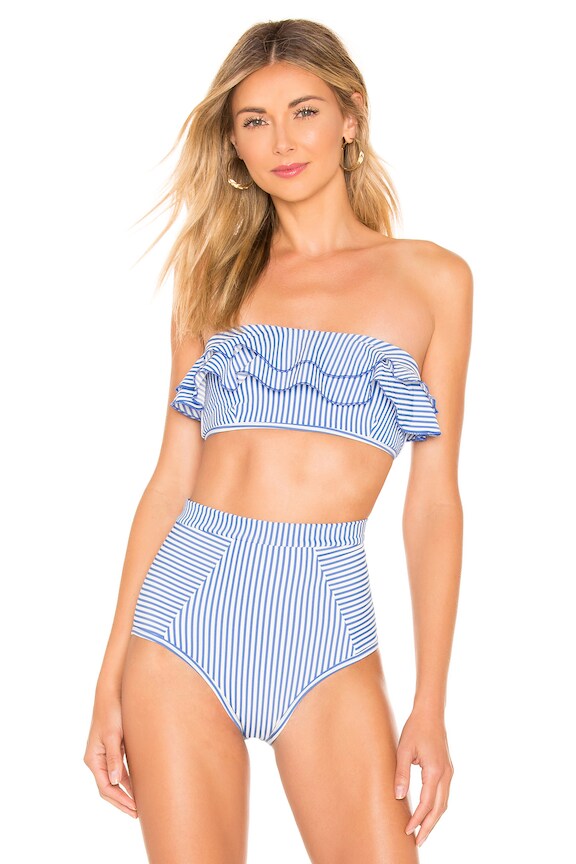 view 1 of 4 Solstice Frill Bandeau Bikini Top in Cobalt Blue & White Stripe